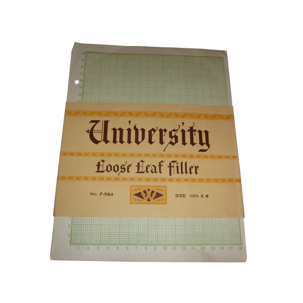 Vintage University Loose Leaf Filler Paper No F-564 Green Grid Ruled 10.5x8in